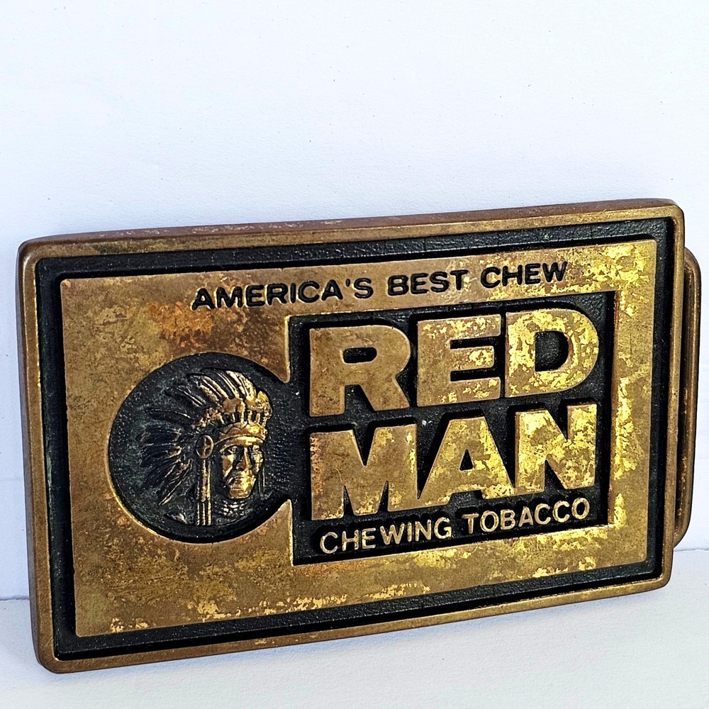 Vintage Red Man‎ Chewing Tobacco Belt Buckle Solid Brass Made in USA Americana